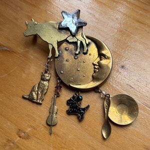 Vintage Brass Moon & Cow Charm Brooch with Dangling Charms